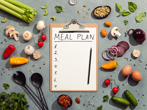 Meal plan with fresh ingredients and clipboard